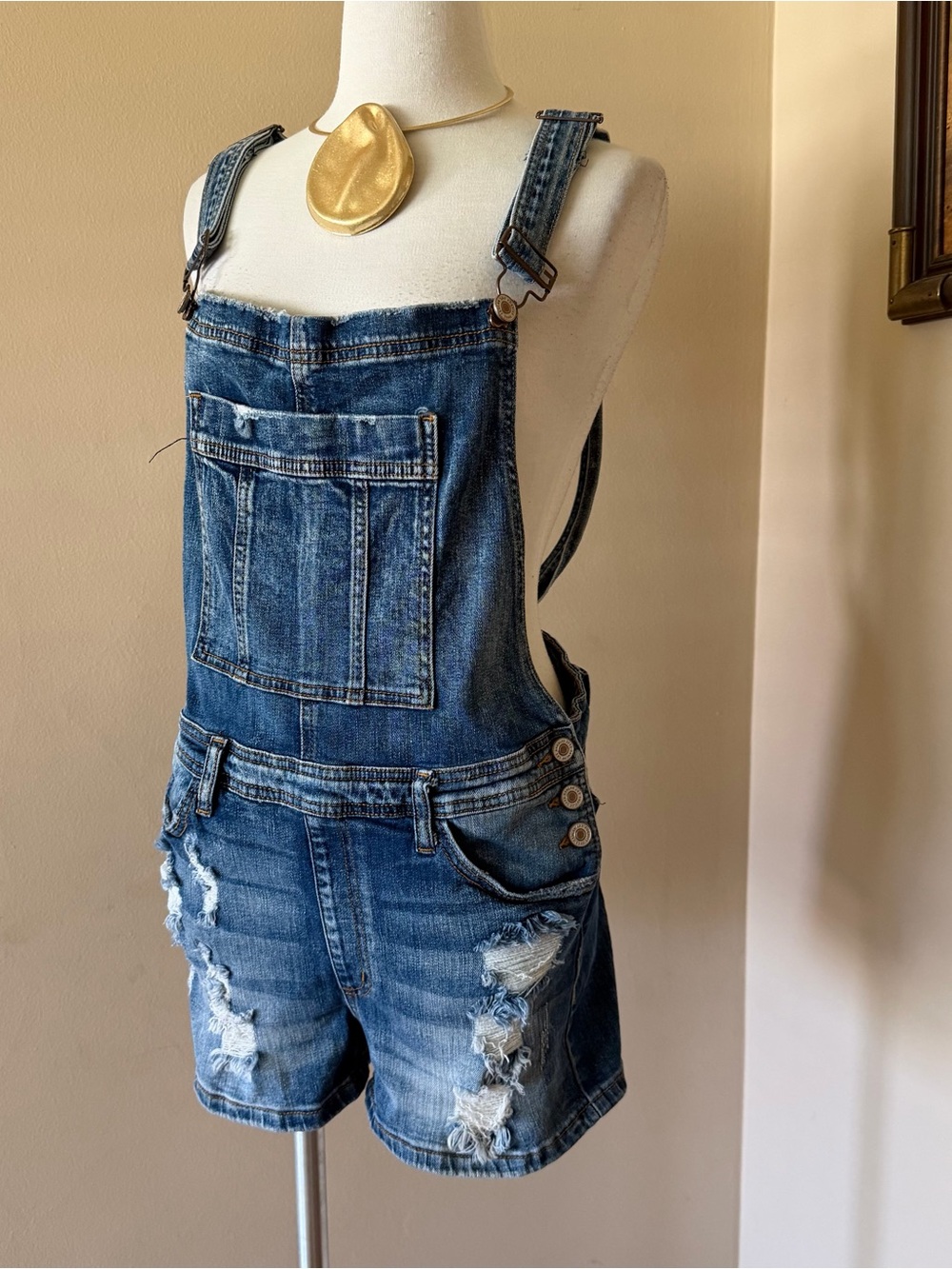KanCan Distressed Blue Denim Short Overalls